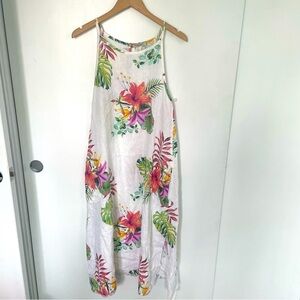 Lungo L'Arno Italian Linen Tropical Print White MIDI‎ Dress Size Small